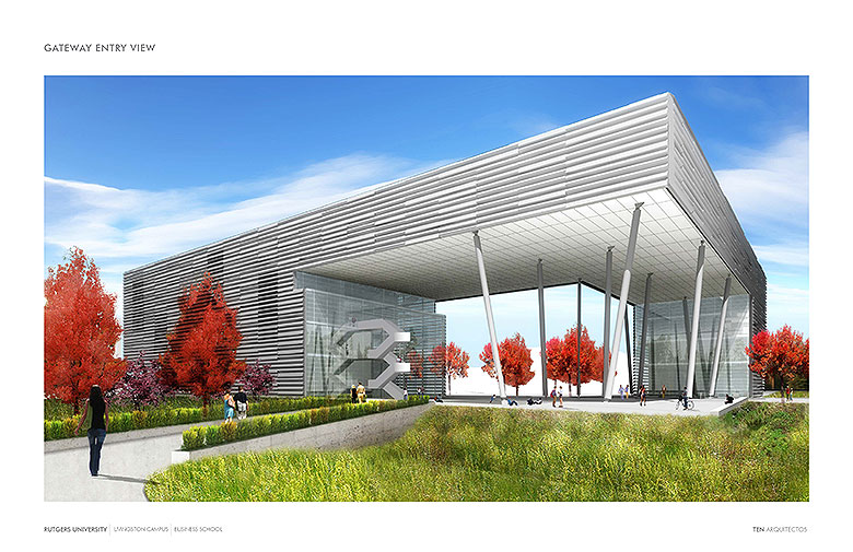 RENDERING OF THE COMPLETED RUTGERS BUSINESS SCHOOL BUILDING.