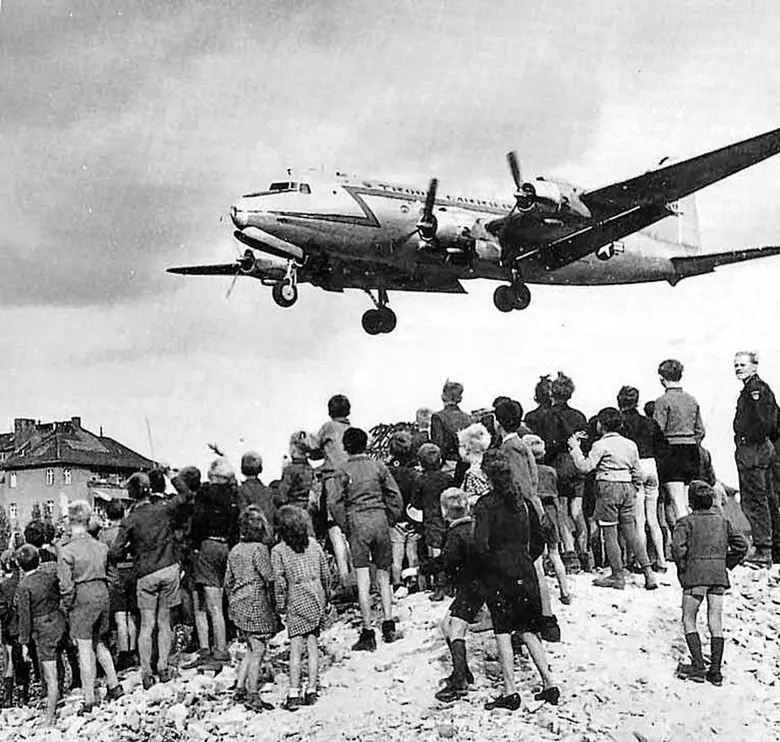 American C-54 Bomber landing during Berlin Airlift.