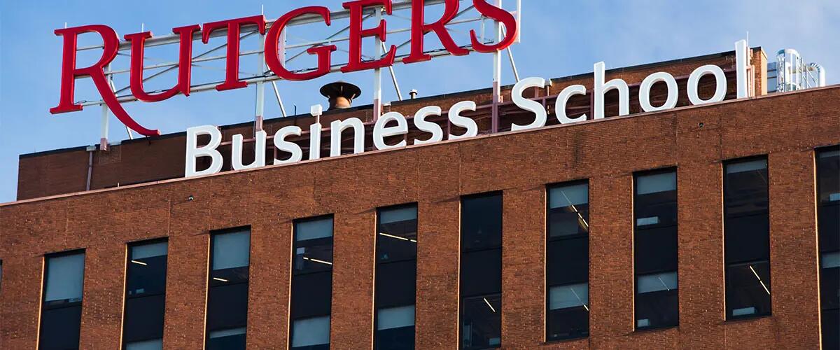 The Rutgers Business School sign atop the building at 1 Washington Park